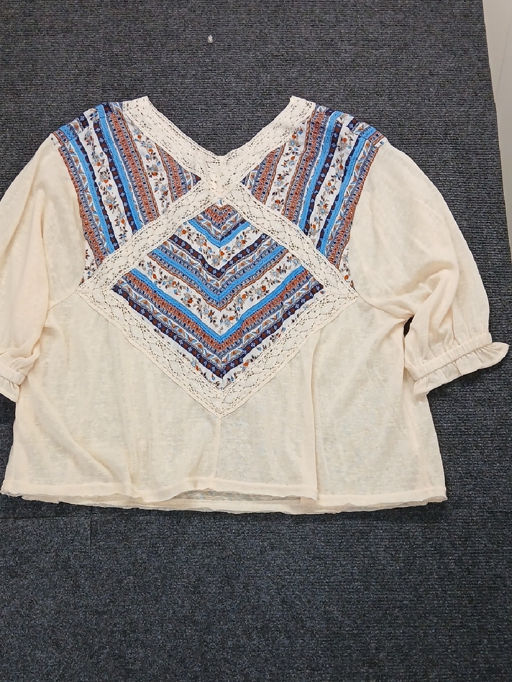 Boho Crochet-Trim Peasant Top in Cream with Blue Pattern by ODDY SZ LG